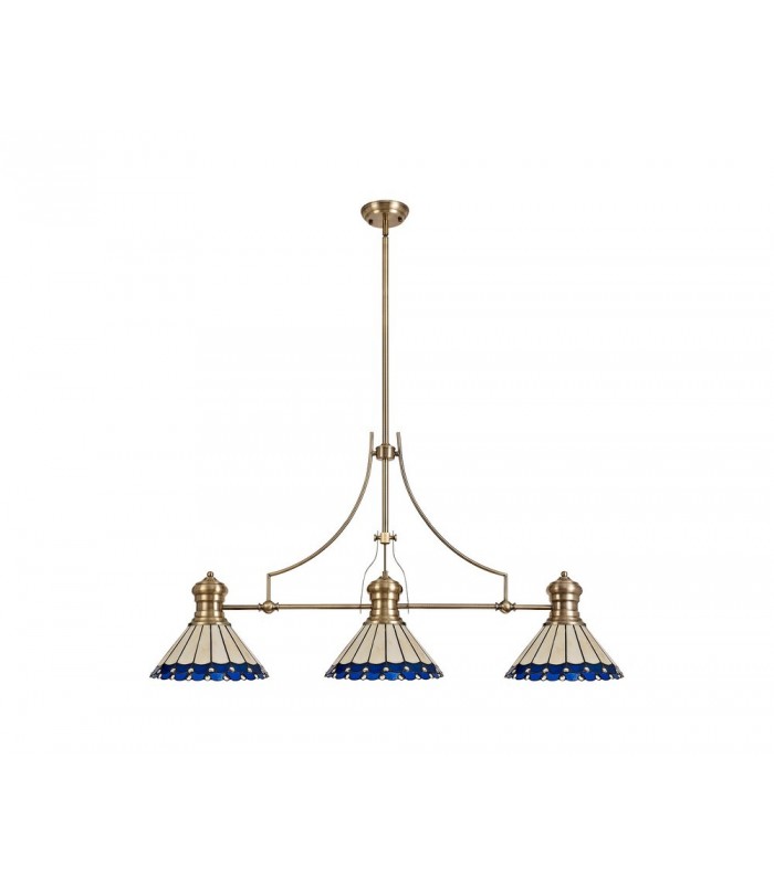 3 Light Telescopic Ceiling Pendant E27 With 30cm Tiffany Shade, Antique Brass, Blue, Crystal - 3