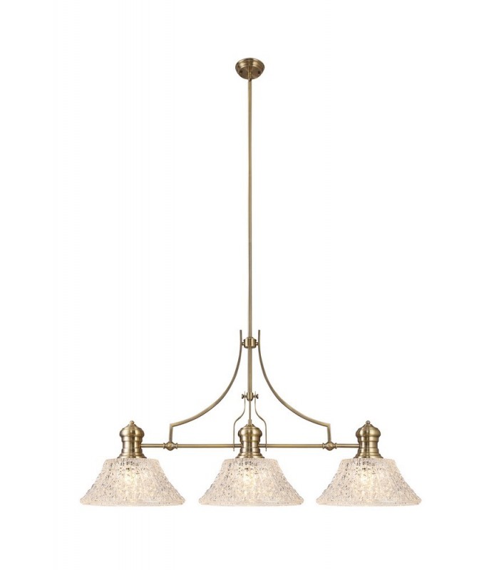 Linear Ceiling Pendant With 38cm Patterned Round Shade, 3 x E27, Antique Brass, Clear Glass - 1