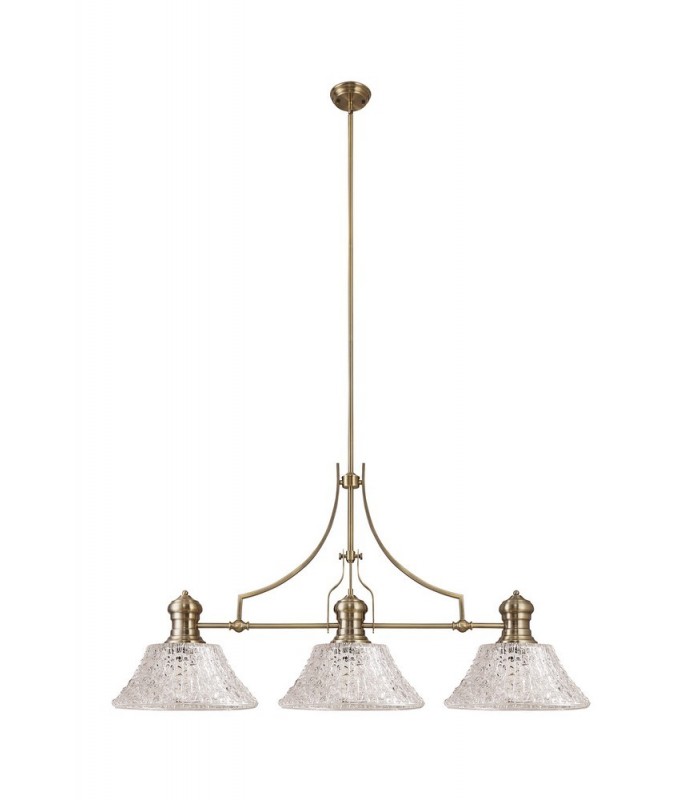 Linear Ceiling Pendant With 38cm Patterned Round Shade, 3 x E27, Antique Brass, Clear Glass - 3