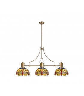 3 Light Telescopic Ceiling Pendant E27 With 30cm Tiffany Shade, Antique Brass, Blue, Orange, Crystal - 1