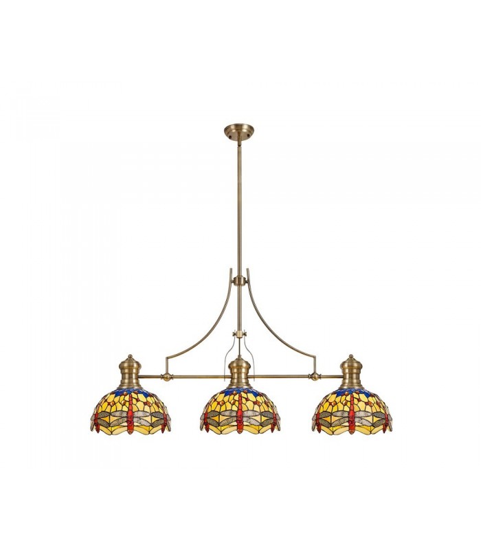 3 Light Telescopic Ceiling Pendant E27 With 30cm Tiffany Shade, Antique Brass, Blue, Orange, Crystal - 1