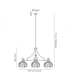 3 Light Telescopic Ceiling Pendant E27 With 30cm Tiffany Shade, Antique Brass, Blue, Orange, Crystal - 2
