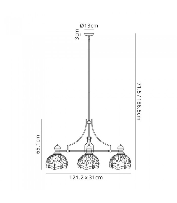 3 Light Telescopic Ceiling Pendant E27 With 30cm Tiffany Shade, Antique Brass, Blue, Orange, Crystal - 2