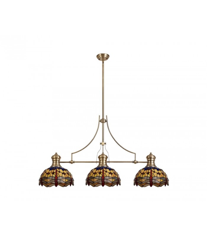 3 Light Telescopic Ceiling Pendant E27 With 30cm Tiffany Shade, Antique Brass, Blue, Orange, Crystal - 3