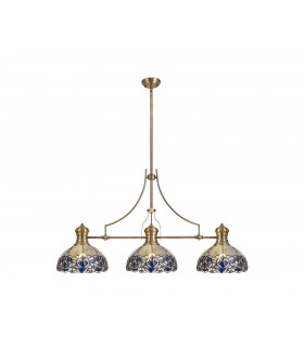 3 Light Telescopic Ceiling Pendant E27 With 30cm Tiffany Shade, Antique Brass, Blue, Clear Crystal - 1