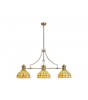 3 Light Telescopic Ceiling Pendant E27 With 30cm Tiffany Shade, Antique Brass, Beige, Clear Crystal - 1