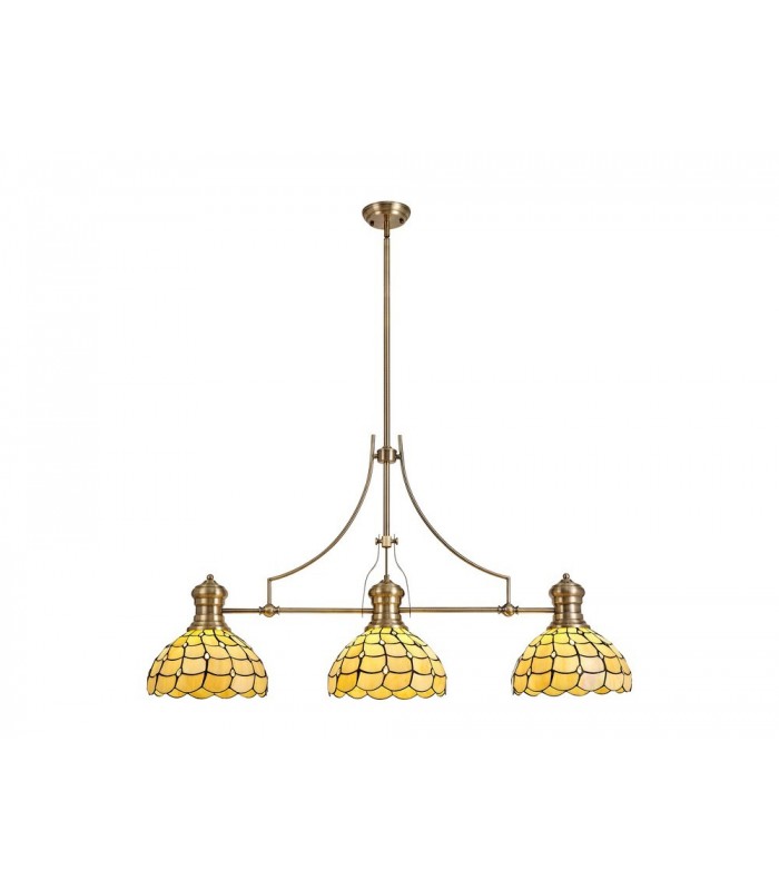 3 Light Telescopic Ceiling Pendant E27 With 30cm Tiffany Shade, Antique Brass, Beige, Clear Crystal - 1