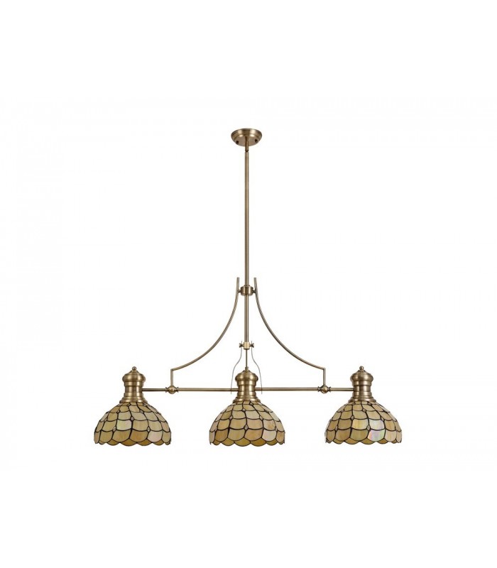 3 Light Telescopic Ceiling Pendant E27 With 30cm Tiffany Shade, Antique Brass, Beige, Clear Crystal - 3