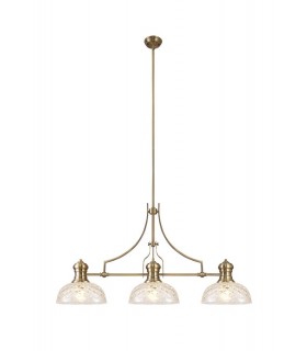 Linear Ceiling Pendant With 30cm Flat Round Patterned Shade, 3 x E27, Antique Brass, Clear Glass - 1