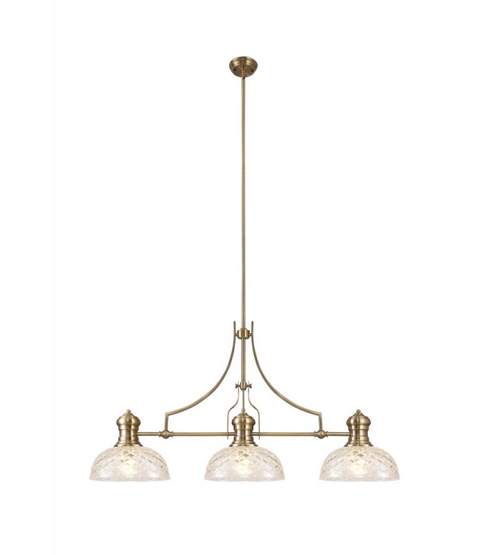 Linear Ceiling Pendant With 30cm Flat Round Patterned Shade, 3 x E27, Antique Brass, Clear Glass - 1