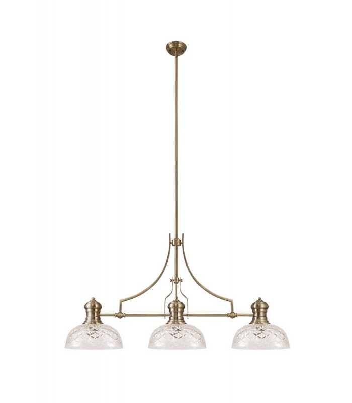 Linear Ceiling Pendant With 30cm Flat Round Patterned Shade, 3 x E27, Antique Brass, Clear Glass - 3