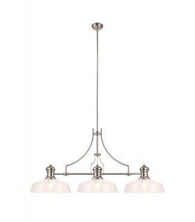 Linear Ceiling Pendant With 38cm Flat Round Shade, 3 x E27, Polished Nickel, Clear Glass - 1