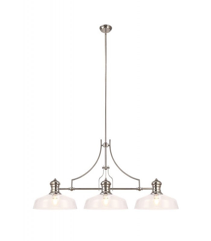 Linear Ceiling Pendant With 38cm Flat Round Shade, 3 x E27, Polished Nickel, Clear Glass - 1