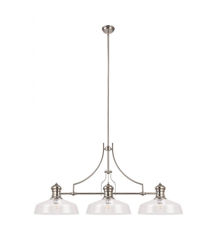 Linear Ceiling Pendant With 38cm Flat Round Shade, 3 x E27, Polished Nickel, Clear Glass - 3