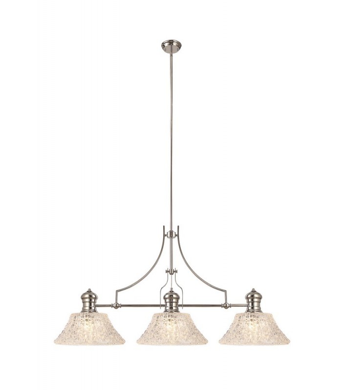 Linear Ceiling Pendant With 38cm Patterned Round Shade, 3 x E27, Polished Nickel, Clear Glass - 1
