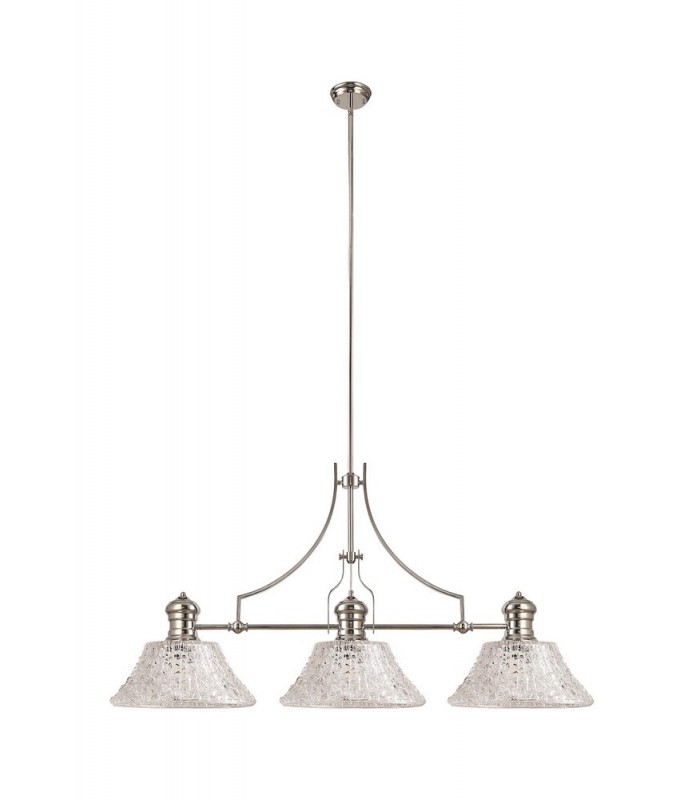 Linear Ceiling Pendant With 38cm Patterned Round Shade, 3 x E27, Polished Nickel, Clear Glass - 3