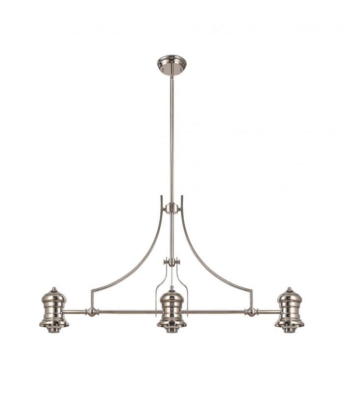 Linear Ceiling Pendant With 38cm Patterned Round Shade, 3 x E27, Polished Nickel, Clear Glass - 12