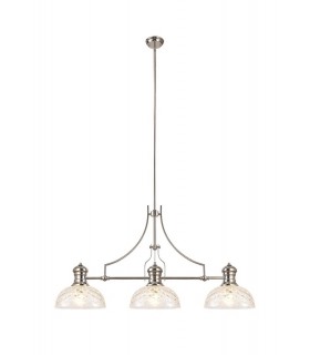 Linear Ceiling Pendant With 30cm Flat Round Patterned Shade, 3 x E27, Polished Nickel, Clear Glass - 1