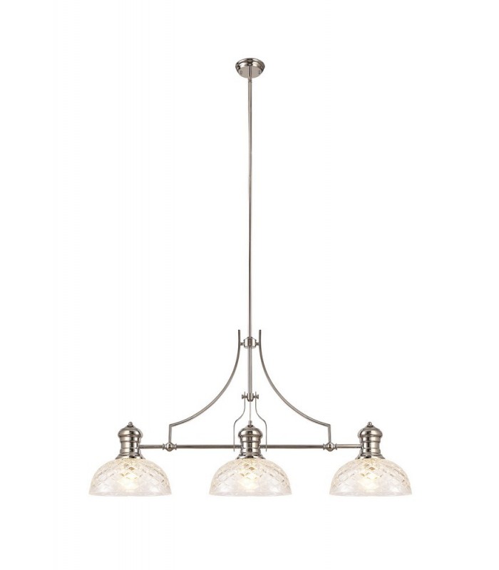 Linear Ceiling Pendant With 30cm Flat Round Patterned Shade, 3 x E27, Polished Nickel, Clear Glass - 1