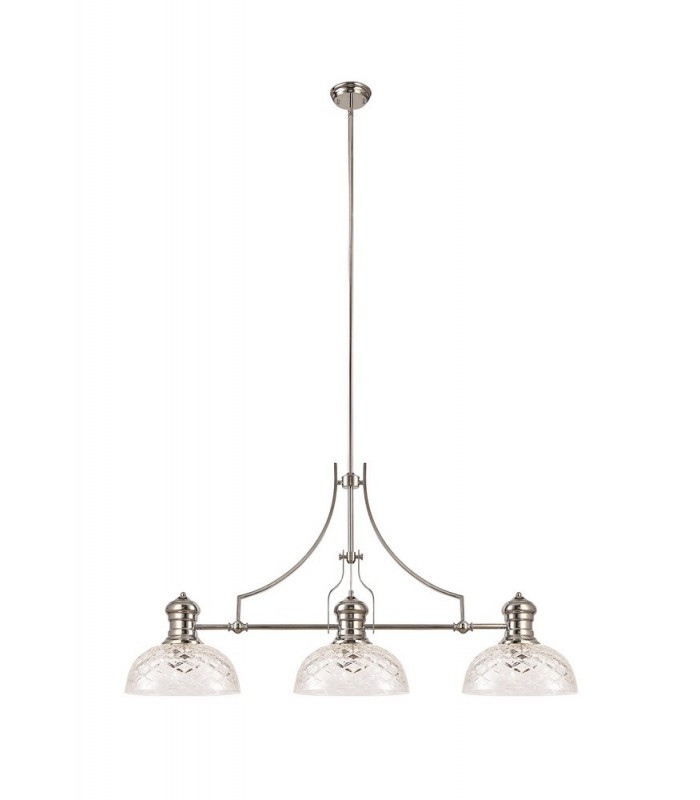 Linear Ceiling Pendant With 30cm Flat Round Patterned Shade, 3 x E27, Polished Nickel, Clear Glass - 3