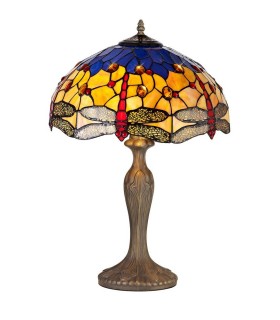 2 Light Curved Table Lamp E27 With 40cm Tiffany Shade, Blue, Orange, Crystal, Aged Antique Brass - 1