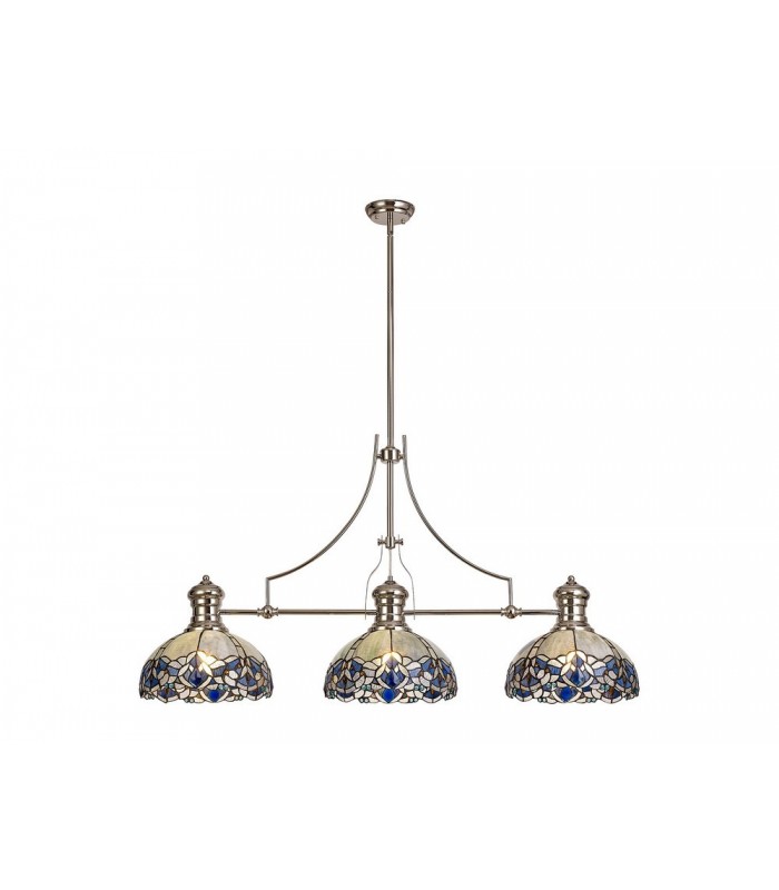 3 Light Telescopic Ceiling Pendant E27 With 30cm Tiffany Shade, Polished Nickel, Blue, Clear Crystal - 1