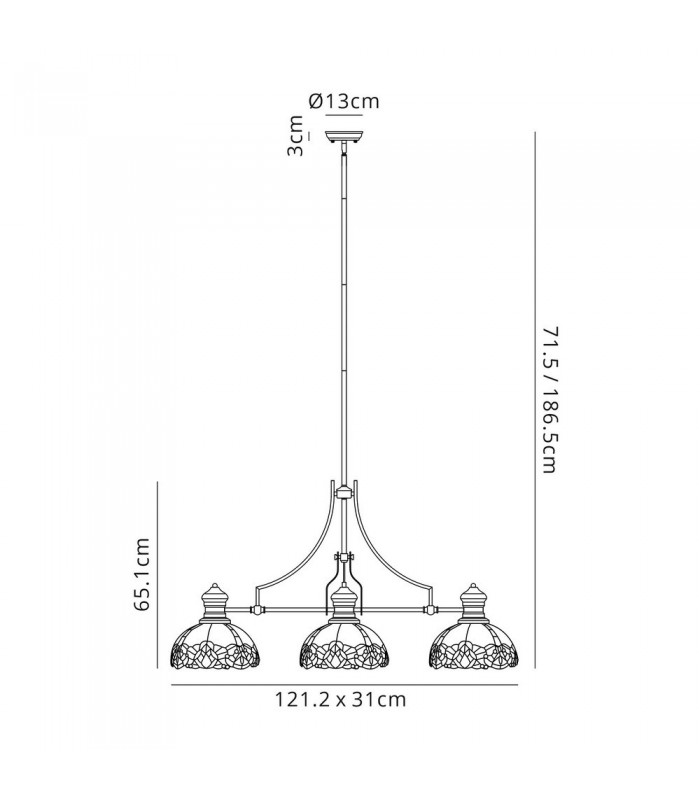 3 Light Telescopic Ceiling Pendant E27 With 30cm Tiffany Shade, Polished Nickel, Blue, Clear Crystal - 2