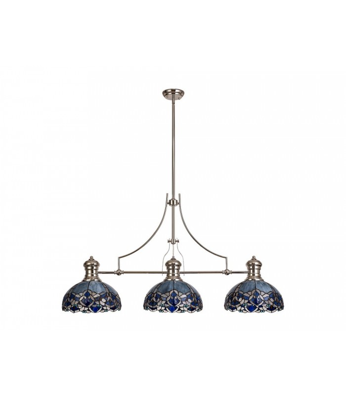 3 Light Telescopic Ceiling Pendant E27 With 30cm Tiffany Shade, Polished Nickel, Blue, Clear Crystal - 3