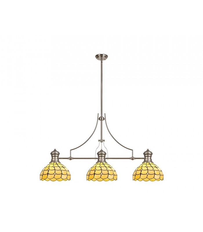 3 Light Telescopic Ceiling Pendant E27 With 30cm Tiffany Shade, Polished Nickel, Beige, Clear Crystal - 1