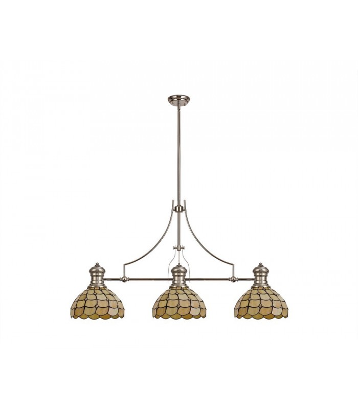 3 Light Telescopic Ceiling Pendant E27 With 30cm Tiffany Shade, Polished Nickel, Beige, Clear Crystal - 3