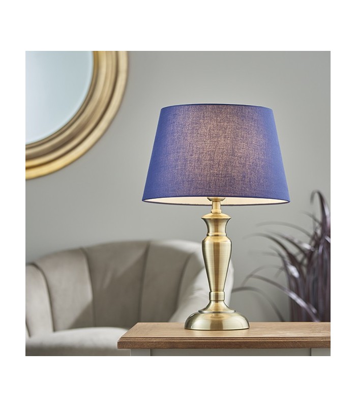 Table Lamp Antique Brass Plate & Navy Cotton 1 Light IP20 - E27 - 1