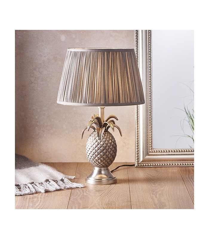 Table Lamp Pewter Plate & Charcoal Grey Silk 1 Light IP20 - E27 - 1