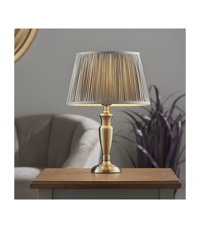 Table Lamp Antique Brass Plate & Charcoal Grey Silk 1 Light IP20 - E27 - 1