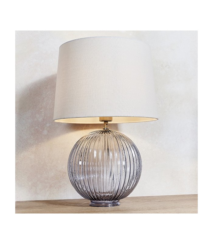 Table Lamp Smokey Grey Ribbed Glass & Natural Linen 1 Light IP20 - E27 - 1