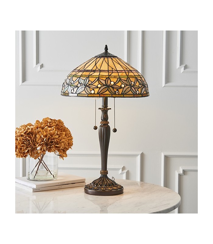 2 Light Medium Table Lamp Tiffany Glass, Dark Bronze Paint with Highlights, E27 - 2