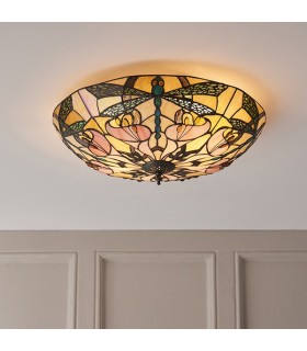 2 Light Large Ceiling Flush Light Dark Bronze, Tiffany Glass, E27 - 2