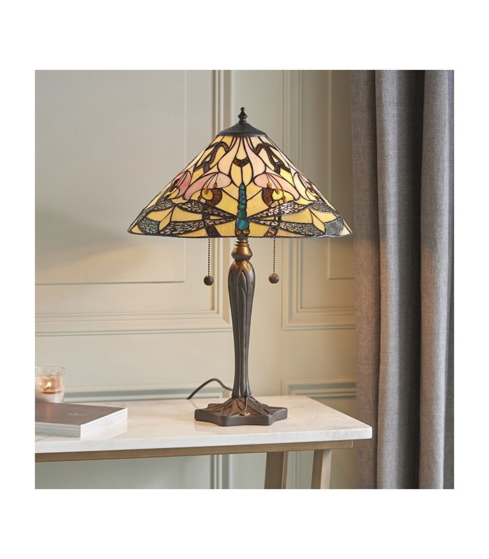 2 Light Medium Table Lamp Tiffany Glass, Dark Bronze Paint with Highlights, E27 - 2