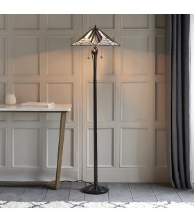 2 Light Floor Lamp Black, Tiffany Style Glass, E27 - 2