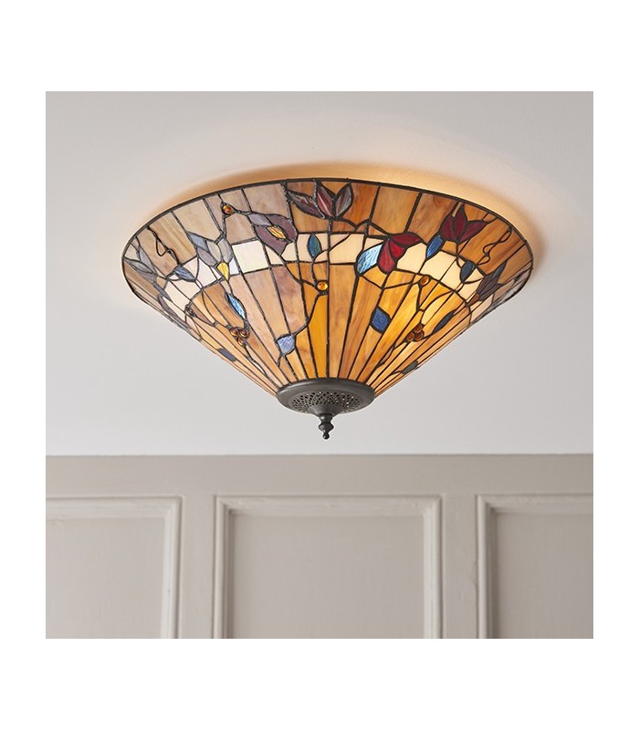 2 Light Medium Ceiling Flush Light Dark Bronze, Tiffany Glass, E27 - 2