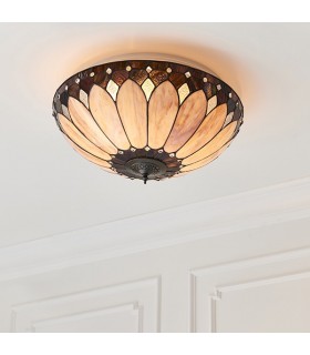 2 Light Large Ceiling Flush Light Dark Bronze, Tiffany Glass, E27 - 2