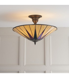 3 Light Large Semi Flush Ceiling Light Black, Tiffany Style Glass, E27 - 2