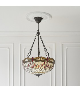 3 Light Large Inverted Ceiling Pendant Bronze, Red, Dragonfly Tiffany Glass, E27 - 2