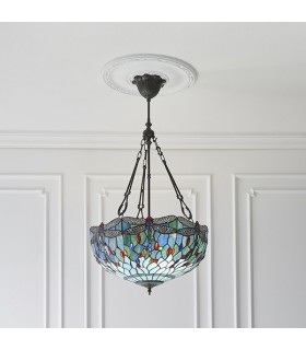 3 Light Large Inverted Ceiling Pendant Bronze, Dragonfly Tiffany Glass, E27 - 2