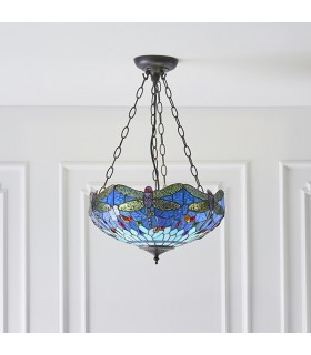 3 Light Medium Inverted Ceiling Pendant Bronze, Blue, Dragonfly Tiffany Glass, E27 - 2