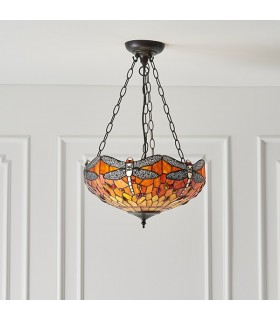 3 Light Medium Inverted Ceiling Pendant Bronze, Dragonfly Tiffany Glass, E27 - 2