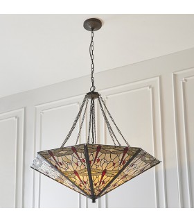 8 Light Inverted Ceiling Pendant Bronze, Beige, Dragonfly Tiffany Glass, E27 - 2
