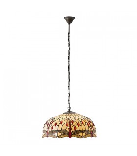 3 Light Large Ceiling Pendant Bronze, Beige, Dragonfly Tiffany Glass, E27 - 2