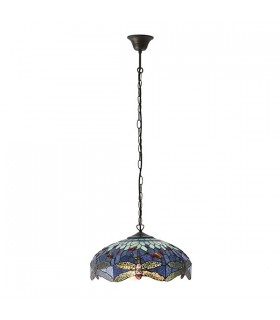 3 Light Medium Ceiling Pendant Bronze, Blue, Dragonfly Tiffany Glass, E27 - 2