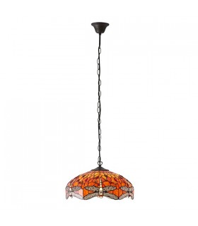 3 Light Medium Ceiling Pendant Bronze, Red, Dragonfly Tiffany Glass, E27 - 2