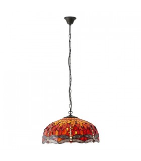 3 Light Large Ceiling Pendant Bronze, Red, Dragonfly Tiffany Glass, E27 - 2